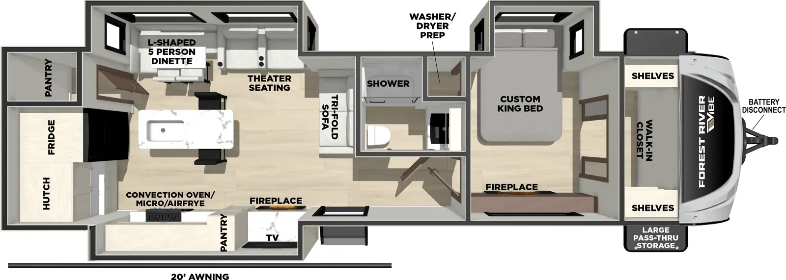 The Vibe 3400XL floorplan has one entry and three slide outs. Exterior features include: fiberglass exterior and 20' awning. Interiors features include: kitchen island and front bedroom.